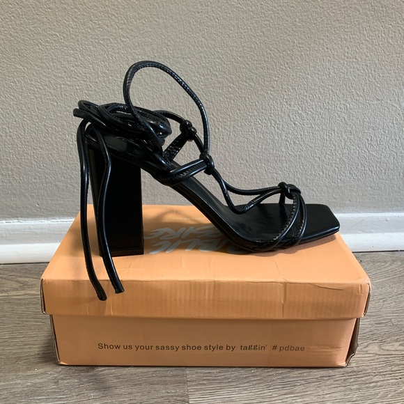 Public Desire Black Leather Lace Up Heeled Sandals - Picture 2 of 5